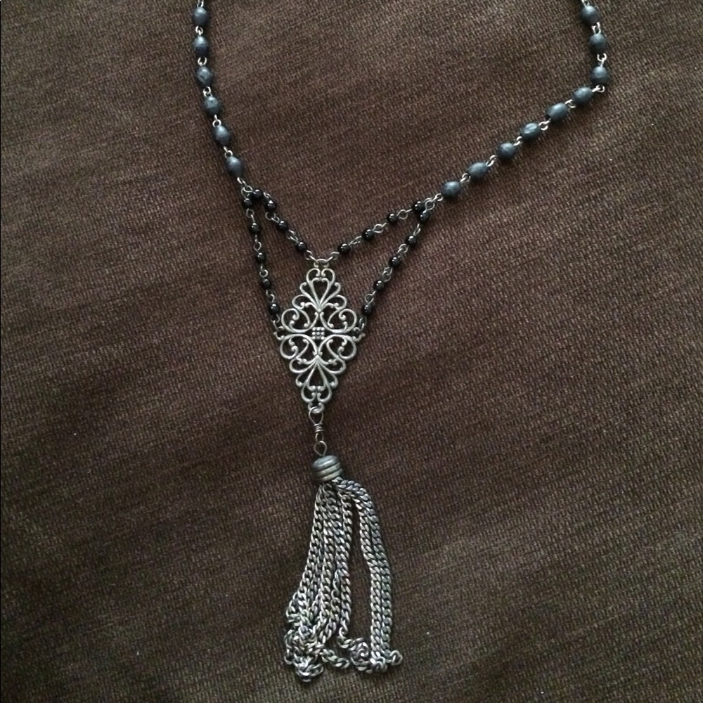 Vintage Style Black Bead & Tassel Tiered Necklace - Picture 3 of 5